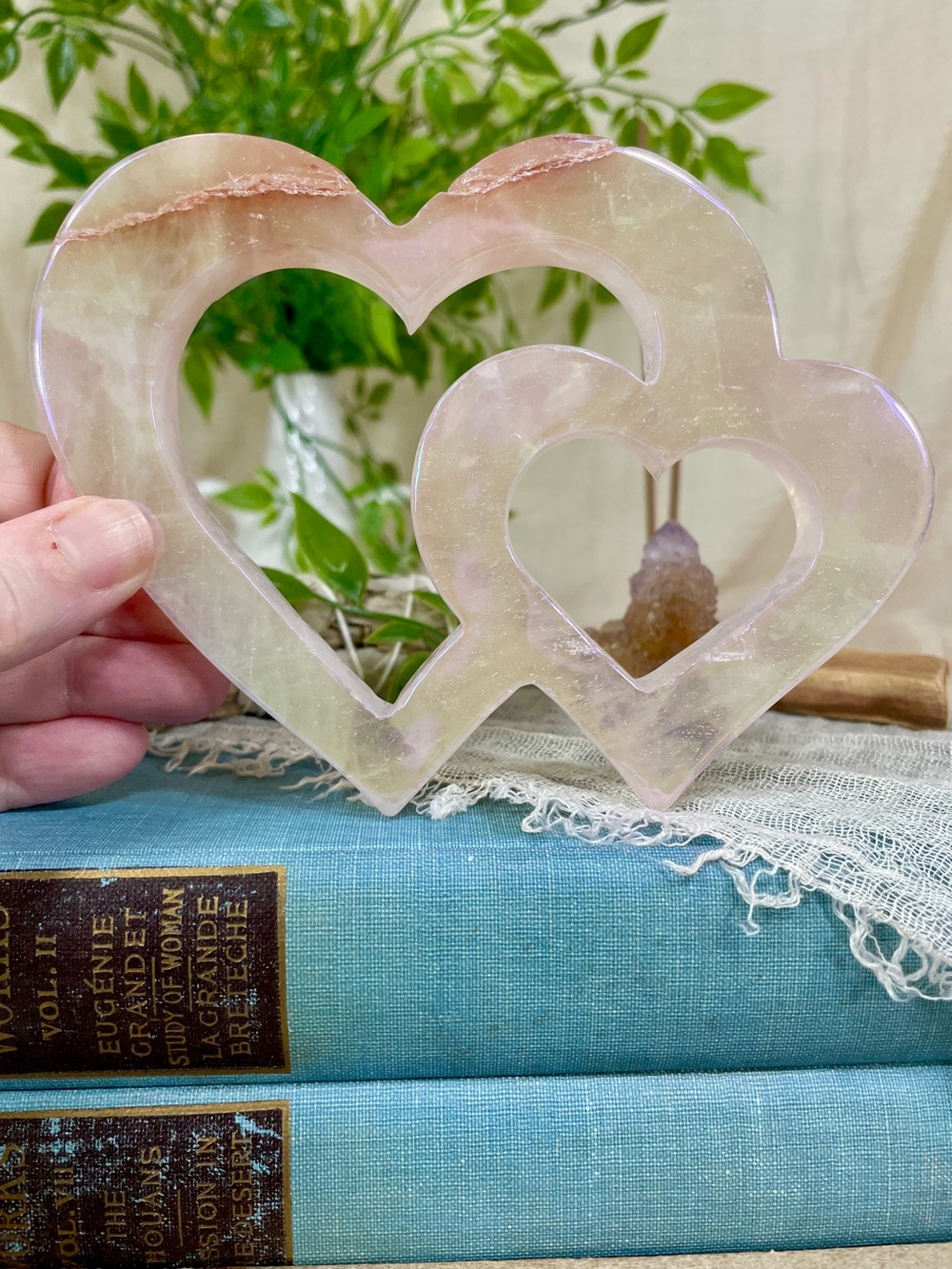 !!! NEW !!! 2672 Aura Coated Rose Quartz Double Heart Crystal Carving